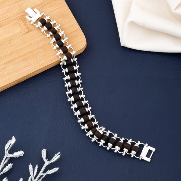 Silver Plated Karungali Modern Bracelet - Natural Ebony Wood